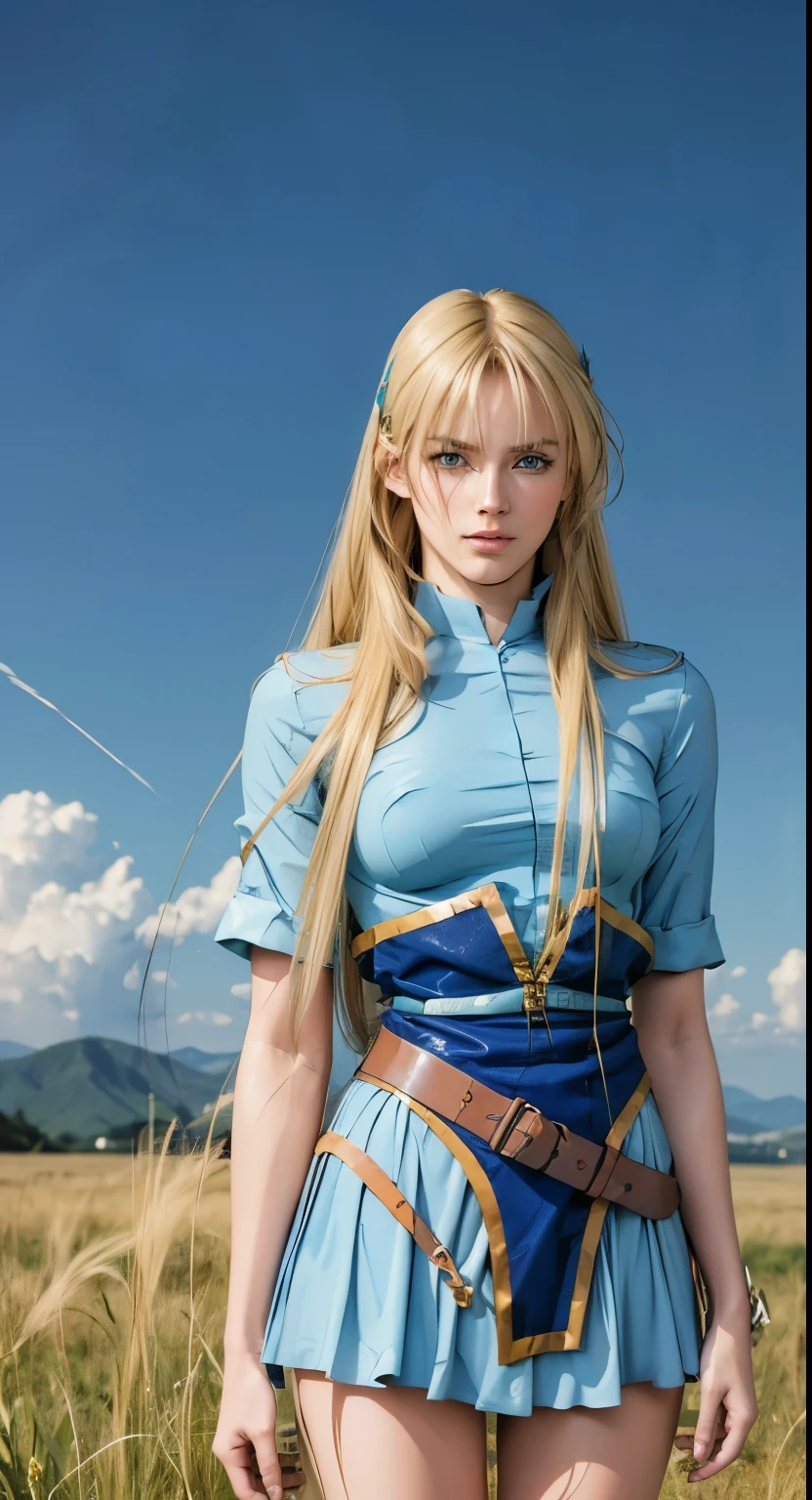 a beautiful woman standing in a field with blue sky and grass, long blonde hair, pale skin, blue eyes, model-like physique, tall, (best quality, 8k, highres, masterpiece:1.3), official art, beautiful and aesthetic, looking at viewer