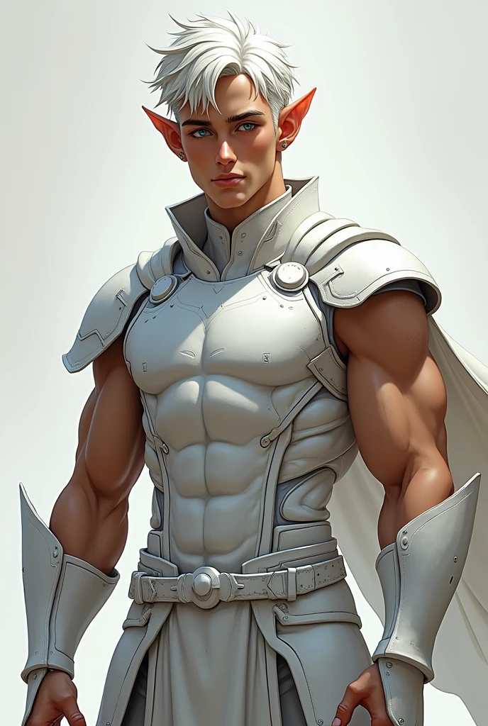 Elf, man, white shoulder length hair, muskeln, warrior, young man, white warrior suit, elf, elf ears, light muscles, striking face, blue eyes, white armor