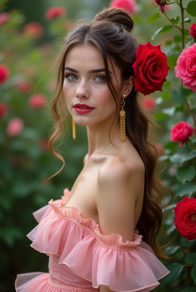 Woman Jennifer connelly Young 20 años model long hair Brow moño con rosa roja en el cabello n blue eyes dress Pink ballet flamenco sevillana volantes encaje Pink pendientes largos dorado in park garden roses