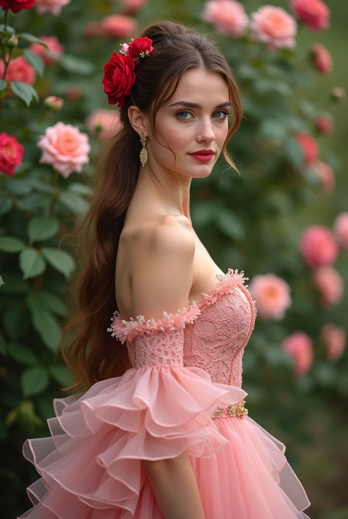Woman Jennifer connelly Young 20 años model long hair Brow moño con rosa roja en el cabello n blue eyes dress Pink ballet flamenco sevillana volantes encaje Pink pendientes largos dorado in park garden roses
