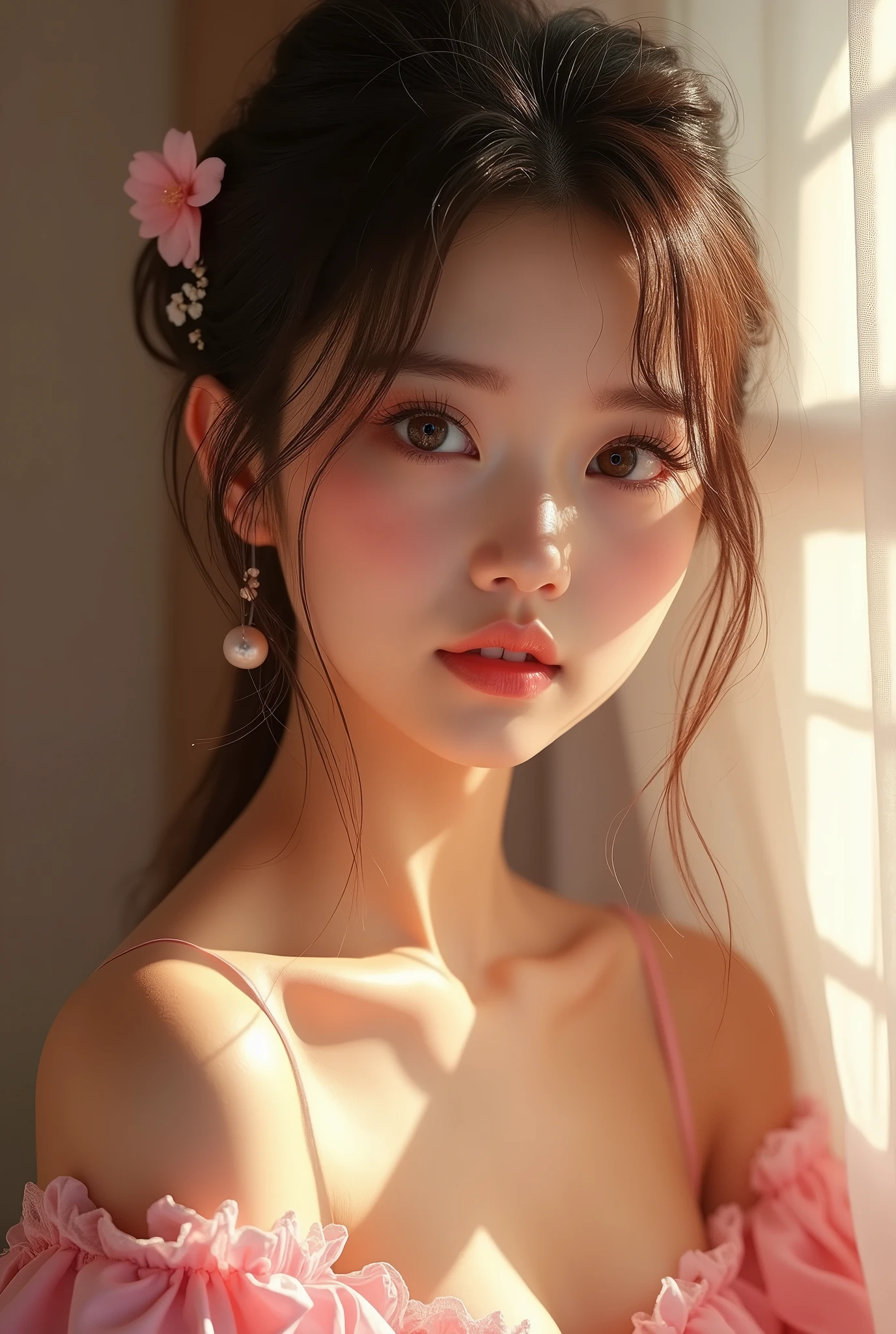 best quality,masterpiece,Ultra-high resolution,(loyalty:1.4),RAW photos,1 girl,Peach Blossom Eyes,Crop Top,Pink strapless,Movie Lighting