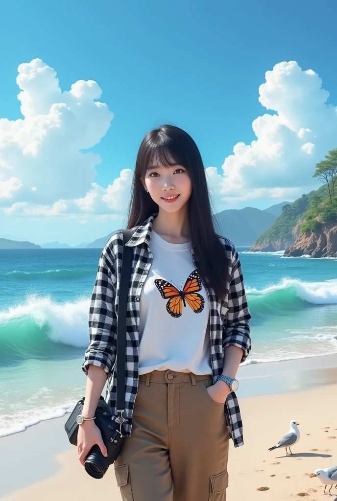 Beautiful Korean girl with smooth white skin, well-groomed face, long straight black hair with bangs, faint smile, black and white checkered shirt, white t-shirt decorated with a big butterfly) brown cargo pants, cool watch. Posing standing on the beach while carrying a camera, under a bright blue sky, big sea waves in the background, there are fishermen, seagulls flying. clear blue sky, very beautiful, mountains and waterfalls, as well as beautiful flowers, original and realistic photos
