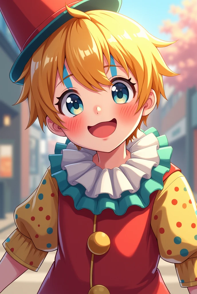 blonde boy, wearing a clown suit, along with clown makeup, smiling happily, anime style.