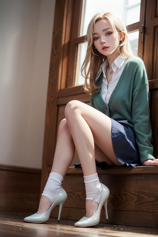 A Norwegian blonde girl with green eyes, wearing a white blouse, a green cardigan, a blue skirt, short white cute socks and white high heels
