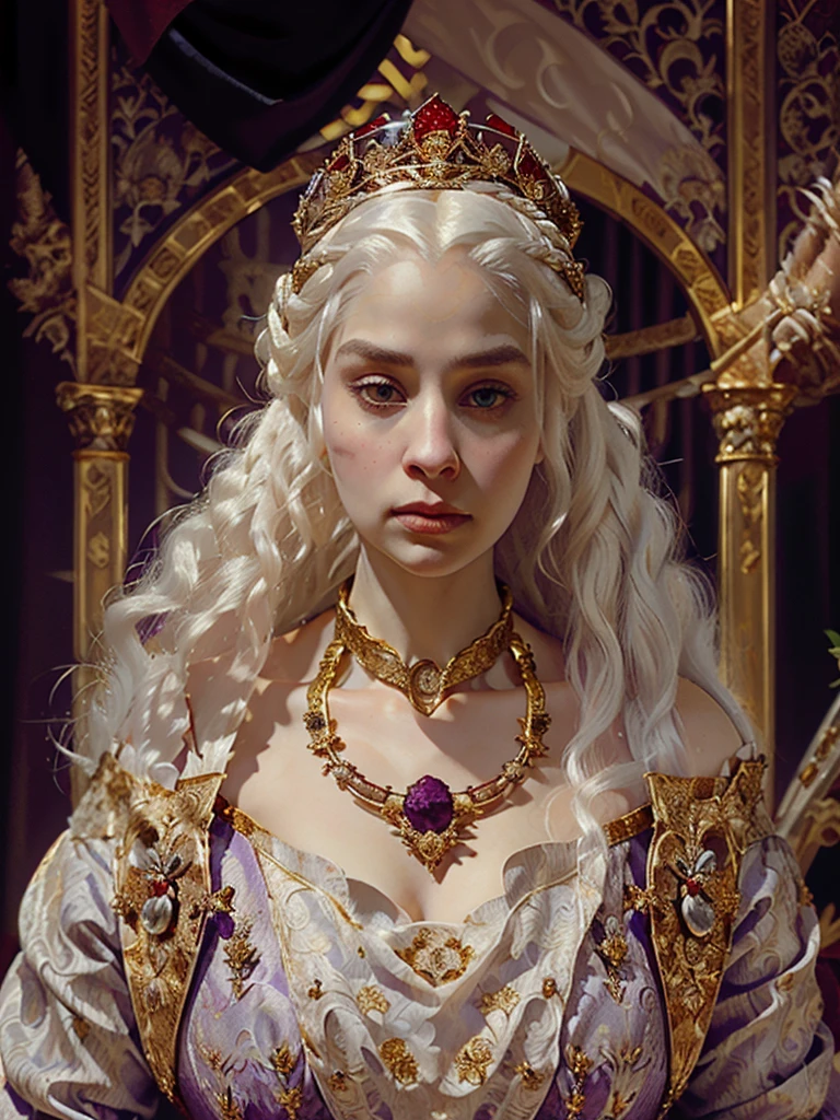 Beautiful albino woman with detailed medieval hairstyle (silky hair)(updo) (white hair,wearing detailed medieval gown (red and black colours), with gold accessories and gold tiara, medieval queen, medieval woman,queen,game of thrones style,daenerys targaryen style, high quality, very detailed,hd quality, masterpiece ((purple eyes))
