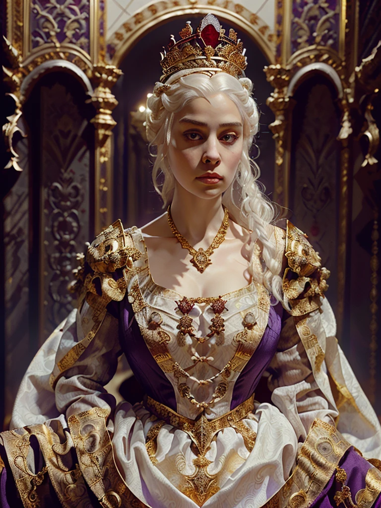 Beautiful albino woman with detailed medieval hairstyle (silky hair)(updo) (white hair,wearing detailed medieval gown (red and black colours), with gold accessories and gold tiara, medieval queen, medieval woman,queen,game of thrones style,daenerys targaryen style, high quality, very detailed,hd quality, masterpiece ((purple eyes))