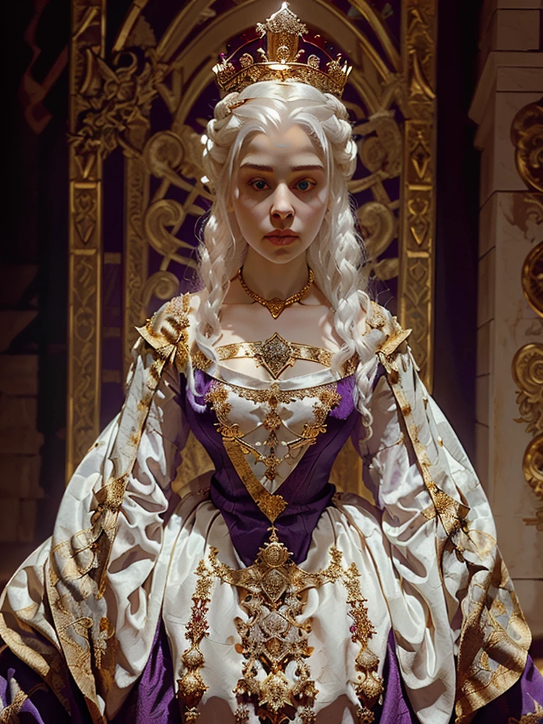 Beautiful albino woman with detailed medieval hairstyle (silky hair)(updo) (white hair,wearing detailed medieval gown (red and black colours), with gold accessories and gold tiara, medieval queen, medieval woman,queen,game of thrones style,daenerys targaryen style, high quality, very detailed,hd quality, masterpiece ((purple eyes))