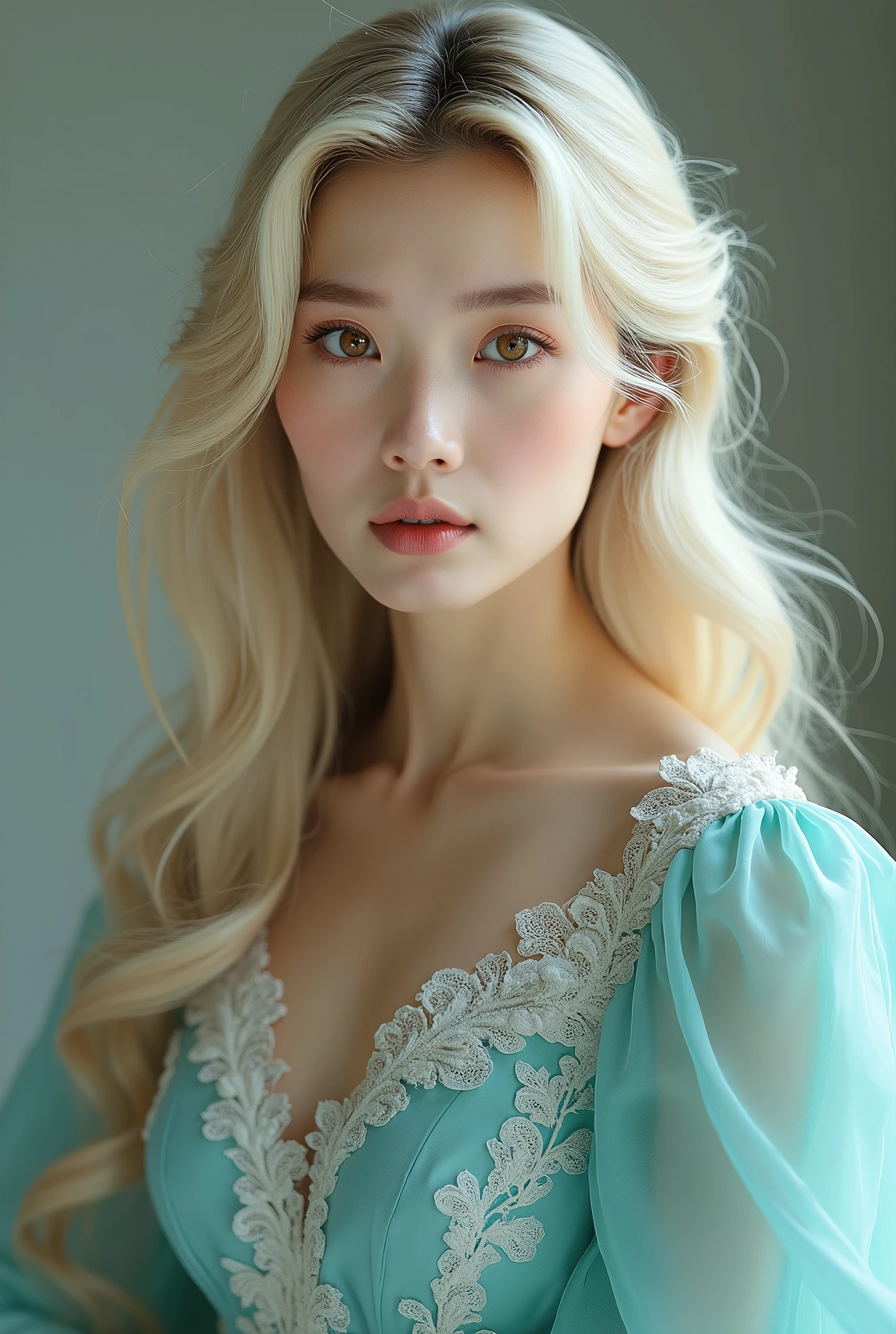 Portrait of a mature woman in her 40s with Korean features, With long blond hair, Golden Eyes, Clear skin ,She wore a long-sleeved turquoise fantasy dress with white details.