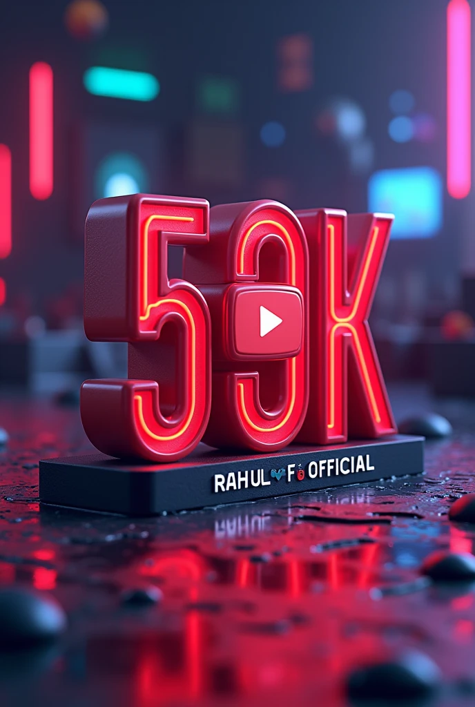 "Create a 3D image celebrating the milestone of 50K YouTube subscribers for the channel 'Rahul FF Official.' The design should feature a bold, stylish representation of the number '50K,' with the YouTube play button logo integrated into the design. The channel name 'Rahul FF Official' should be prominently displayed, either below or alongside the '50K' in a modern, eye-catching font. The background can include elements related to gaming, with dynamic lighting and effects to give the image a vibrant and energetic feel. The overall composition should evoke excitement and a sense of achievement."