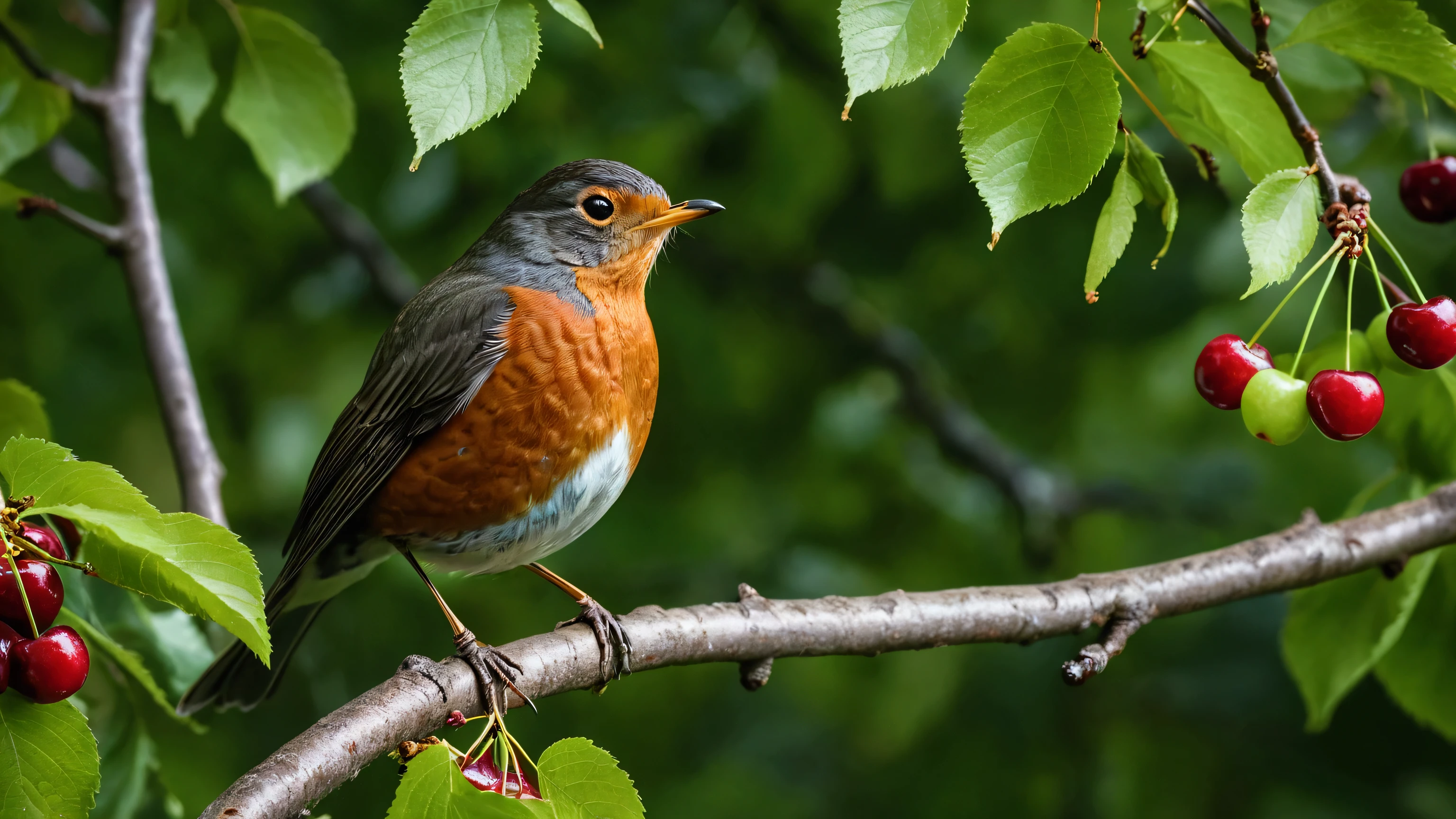 Ultra-high-definition 8K close-up photo of a North American robin perched gracefully on a cherry tree branch. The bird is in a beautiful pose, surrounded by lush green leaves and clusters of nearly ripe cherries.