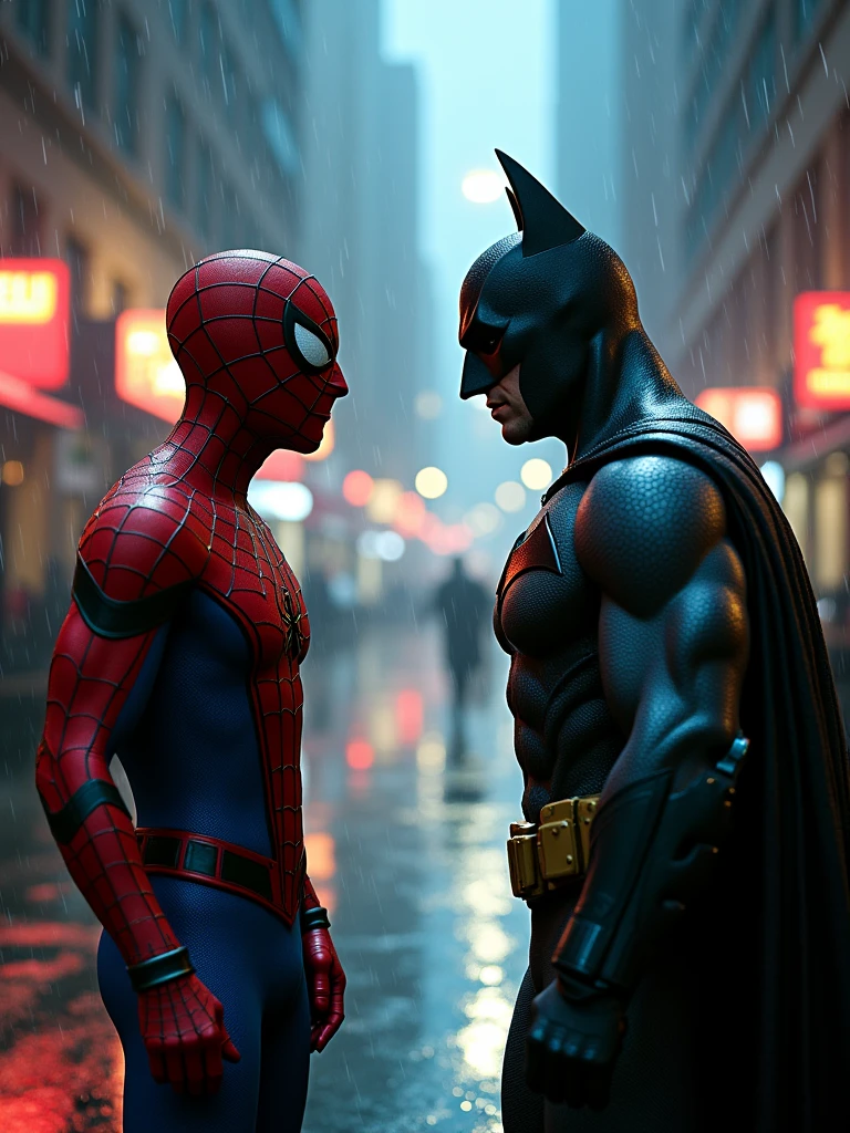 a cinematic full body shot of Spider Man a red superhero suit, a Batman in a dark superhero suit, an epic fight in a rainy Gotham City at night, raindrops and puddles, high-detailed hero outfits, wet hair and skin, 4k, cinematic scene, 16:9 aspect ratio, hyper-realistic, masterpiece, cinematic lighting, dramatic action, dramatic expression, dramatic weather, dramatic environment, dramatic storytelling, dramatic effects, neon city lights, heavy rain, dark and moody color palette, volumetric lighting, intricate details, photorealistic,