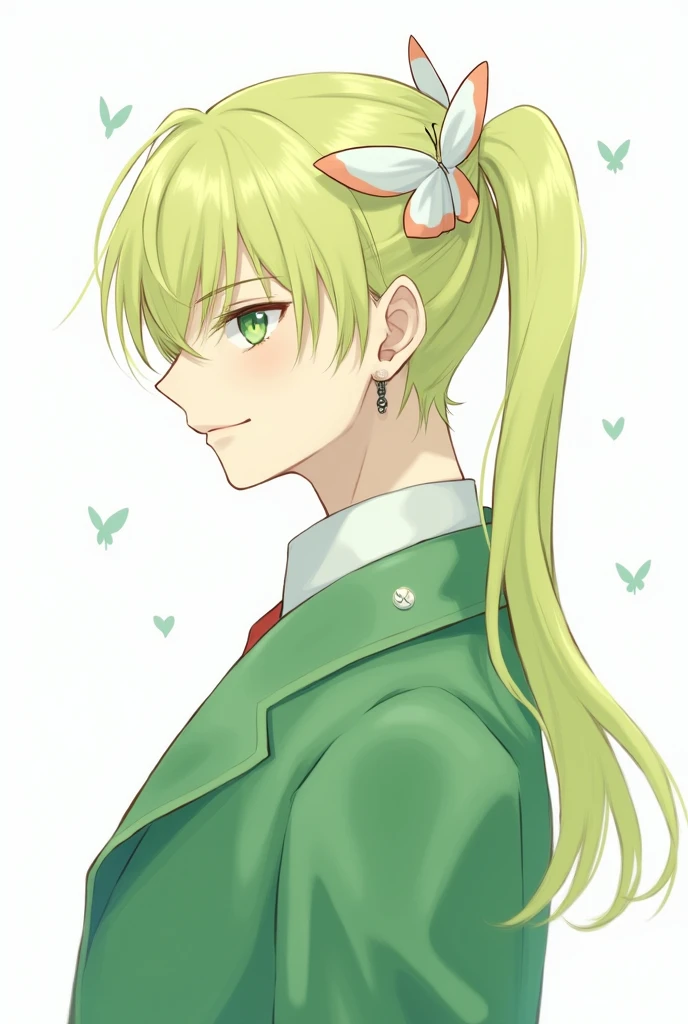 A white base with a green accent、A coat with a waist-length hem、A man with light yellow-green hair tied in a side ponytail with a white butterfly-like ribbon.