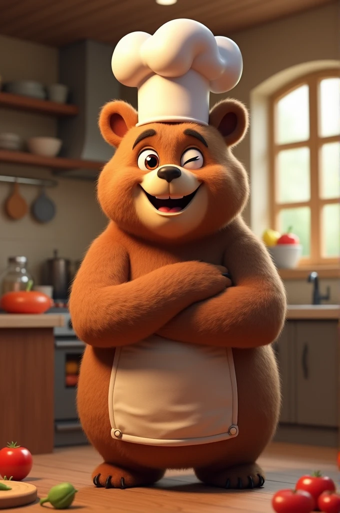 Animated chef bear with one arm crossed and the other with thumb up, closing one eye