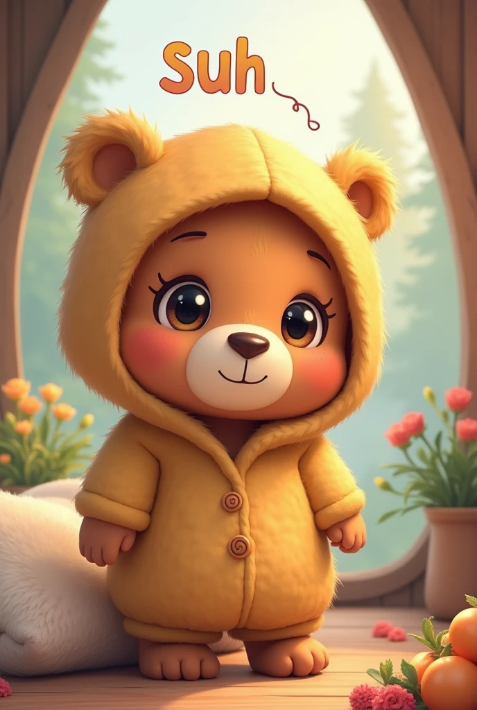 Cute female bear with hood and name: 'Suh'