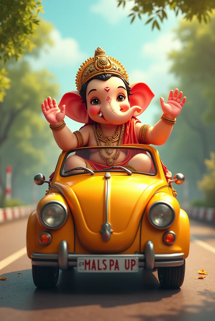 Little ganesh ridding car say good morning 
