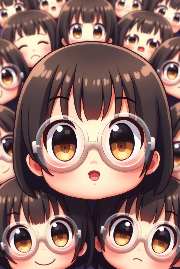 Various cute anime doll faces for twitch emote with different expressions. Wearing round transparent glasses, long dark brown hair with no bangs at all, brown eyes and chubby cheeks. Image with cartoon appearance