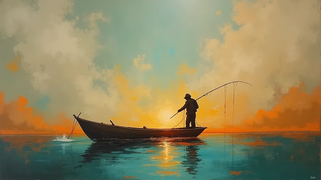 ( a man fishing on a boat) a thick textured oil painting, impasto brushstrokes, dry brushing,revealing underlayers, abstract landscape, moody lighting, dramatic shadows, muted earthy colors, vibrant colors, highly detailed, masterpiece,