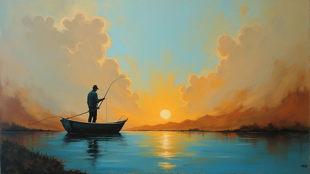 ( a man fishing on a boat) a thick textured oil painting, impasto brushstrokes, dry brushing,revealing underlayers, abstract landscape, moody lighting, dramatic shadows, muted earthy colors, vibrant colors, highly detailed, masterpiece,