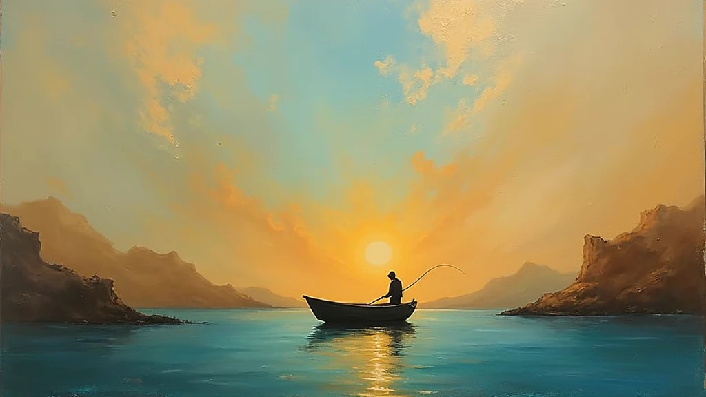 ( a man fishing on a boat) a thick textured oil painting, impasto brushstrokes, dry brushing,revealing underlayers, abstract landscape, moody lighting, dramatic shadows, muted earthy colors, vibrant colors, highly detailed, masterpiece,