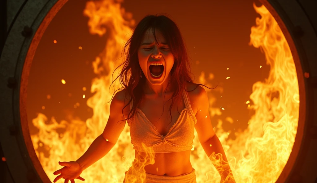hyper-realistic mid-shot, Fire over and entirely engulfing and covering a screaming girl, flames wrap and curl over the girl as they flow over her and burn her, the girl is fully ablaze, the girl is screaming in pain as she burns to death, trapped inside a steel furnace filled with fire, flames block the girl almost entirely, her whole body is on fire