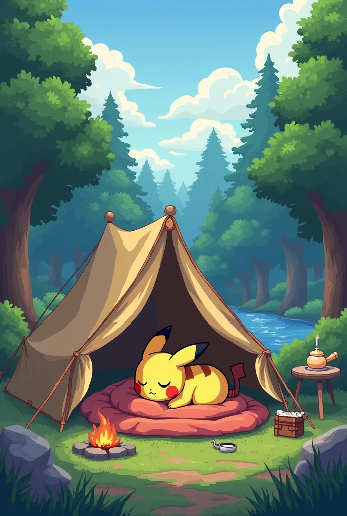 Pikachu resting in a tent at a campsite、Pixel art
