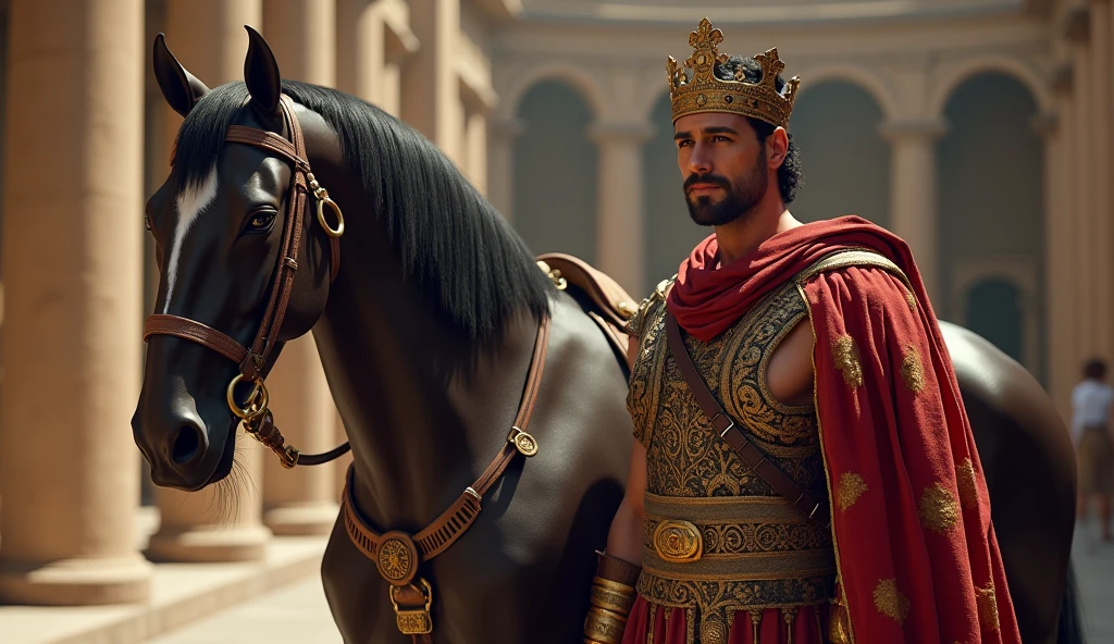 Hyperrealistic image of Caligula, the Roman Emperor, next to his horse
