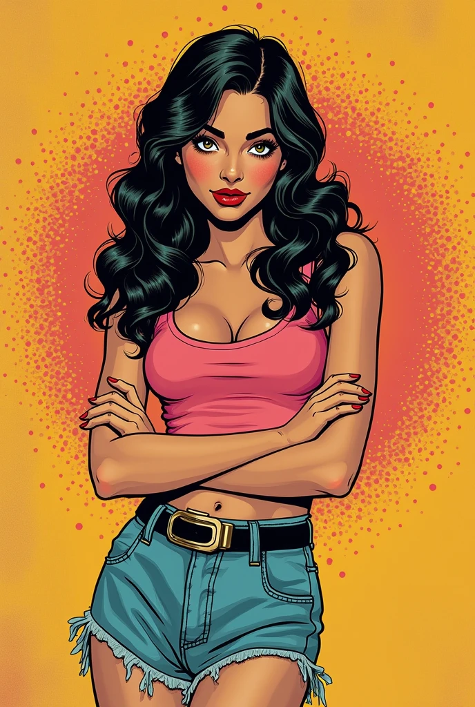 An award winning color photograph of a aged girl posing in ultra detail, captured in a high-resolution 12k image. The scene is styled after retro 1950s comic books, reminiscent of characters like Veronica Lodge and Richie Rich. The girl is depicted in a mix of retro dot print, cell shading, and offset lithography, combining digital, flexography, and traditional printing techniques. Drawing inspiration from comic book artist Warren Kremer, the image features decorative retro dot patterns with a contemporary twist. The overall style is infused with abstract color expressionist painting elements akin to the works of Bill Carman. To achieve this look, use a 50mm lens at f/2.8, ensuring sharpness and vibrant colors in the composition.