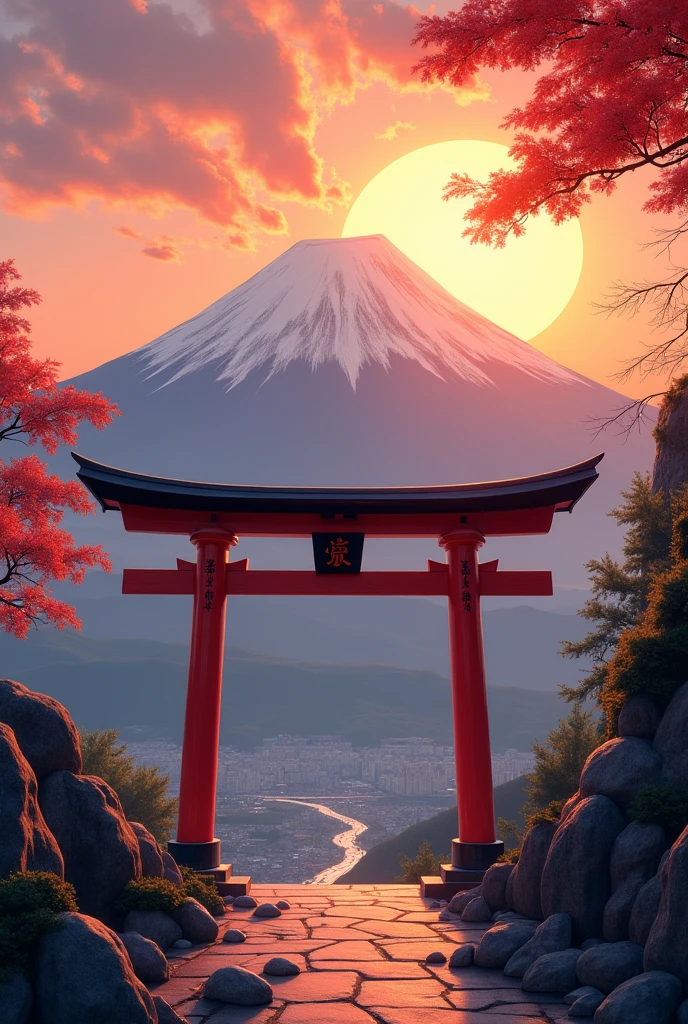Shrine torii gate in front、Mt. Fuji in the background、The sun rises from the top of Mount Fuji