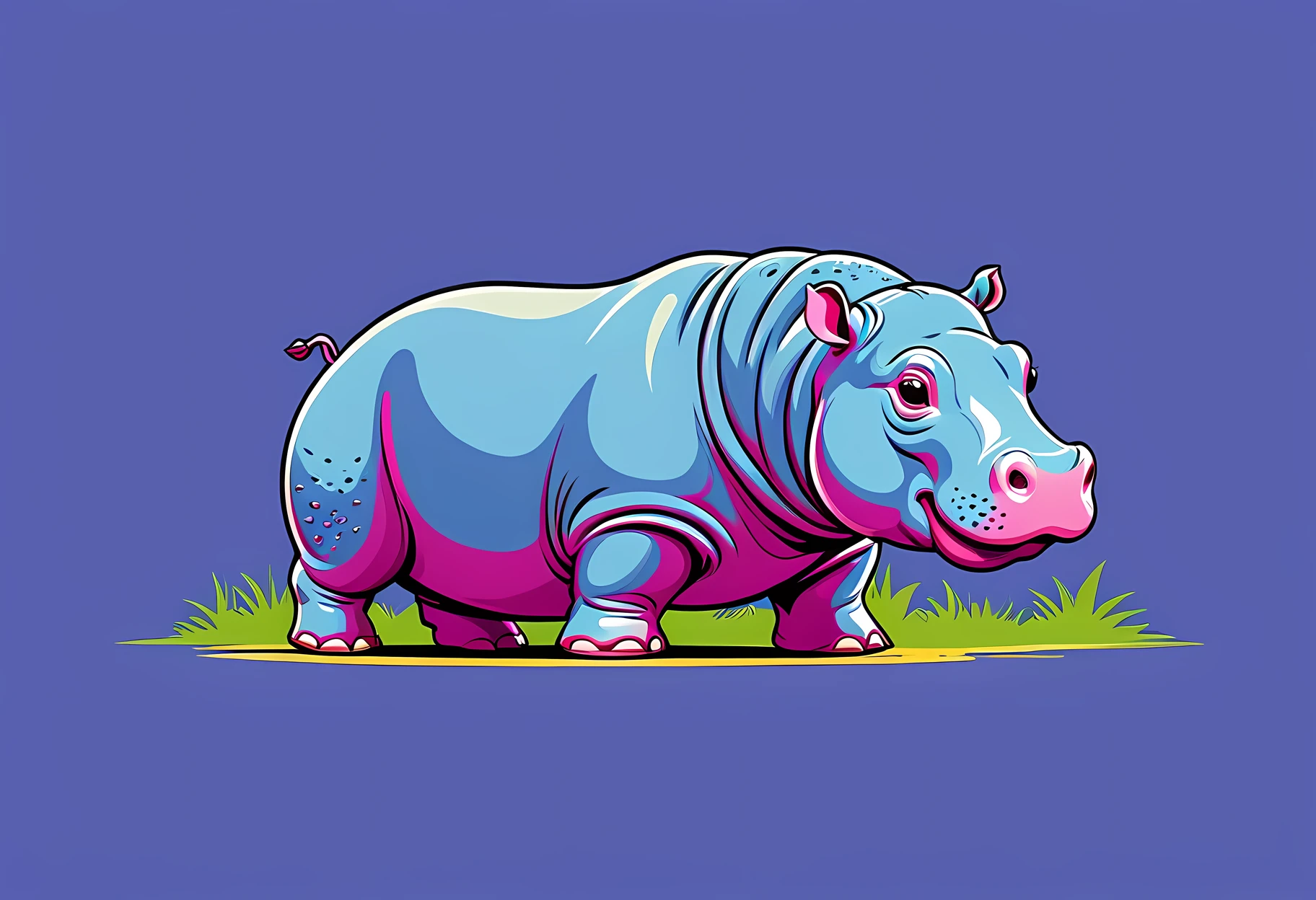 T-shirt design, pop art illustration of cute baby hippo,(viewed from side:1.5),(happy atmosphere),(full body image:1.5), high quality,(lovely:1.5) ,simple background
