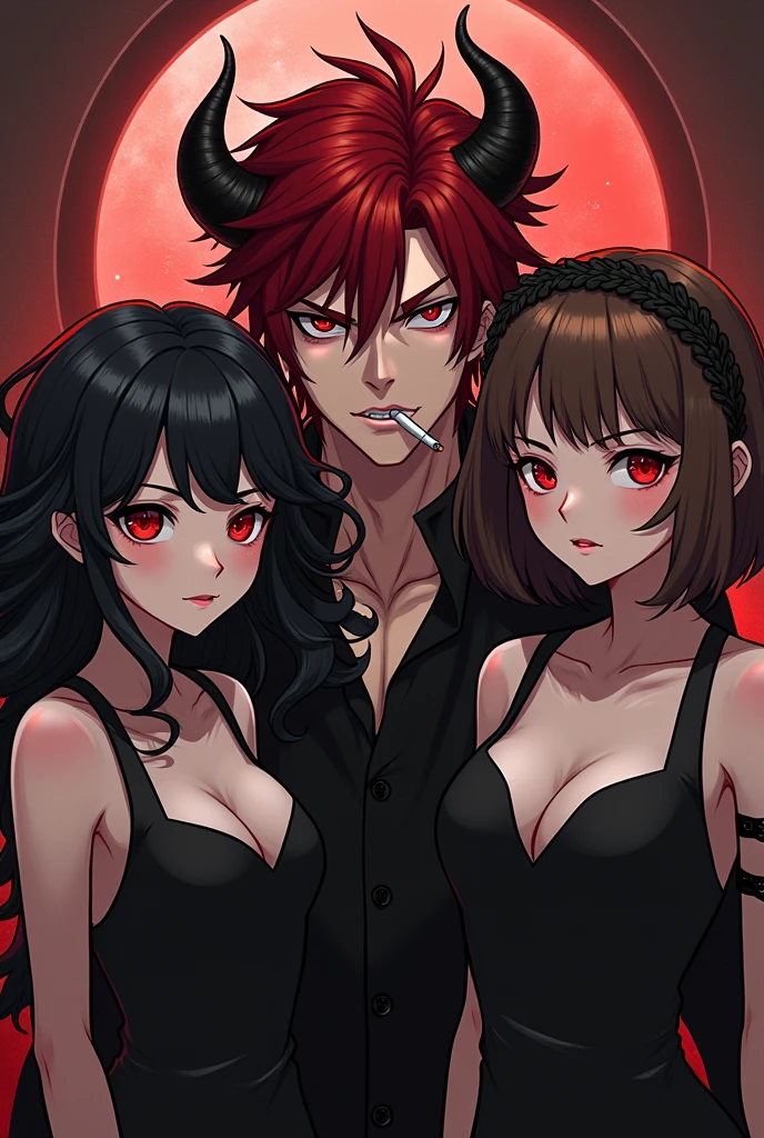 Genera 3 personajes de anime un hombre y dos mujeres El hombre con pelo rojo y mechones negros ropa negra fumando Con horns y Red eyes la Mujer 1 Blanca, black hair somewhat curly, Red eyes, shoulder length hair, busto grande y horns y la mujer 2 Morena, short straight hair, braids on the sides, elegant, horns, tired face and eye shadow