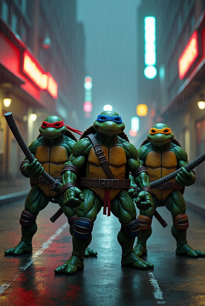 Four humanoid turtle warriors, each wearing different colored masks (red, blue, orange, and purple), stand in powerful and dynamic fighting stances. One wields two sharp katanas, another holds a long wooden staff, a third grips dual nunchakus, and the last one has twin sai daggers. Their muscles are tense and their stances grounded, as if preparing for an epic battle. The scene is set in a gritty urban alley at night, lit by glowing neon signs and dim streetlights, with rain-slicked pavement reflecting the light. Their skin is realistic, with detailed reptilian textures and strong, battle-worn bodies. Their armor combines leather and tactical gear, emphasizing their role as fierce urban warriors. The group is positioned in a triangular formation, ready to strike, with intense expressions that show their readiness for combat.