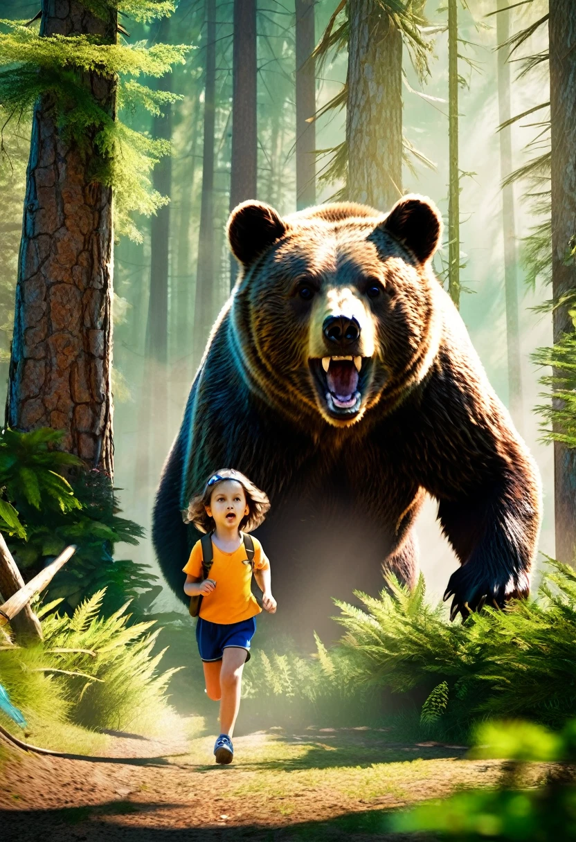 a bear sneaking up on children at summer camp, fear, panic, summer forest, 1boy, 1girl, detailed facial features, high quality, 8k, photorealistic, cinematic lighting, dramatic composition, intense colors, lush vegetation, sunlight filtering through trees, bear emerging from bushes, children's expressions of terror, detailed texture and fur of bear, sense of danger and suspense