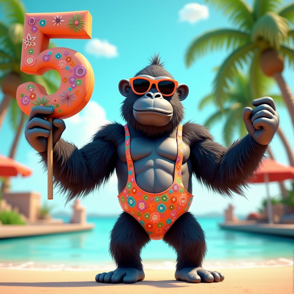 3D Animation、Gorilla holding a number 5 sign、Wearing flashy swimsuit、Wearing sunglasses