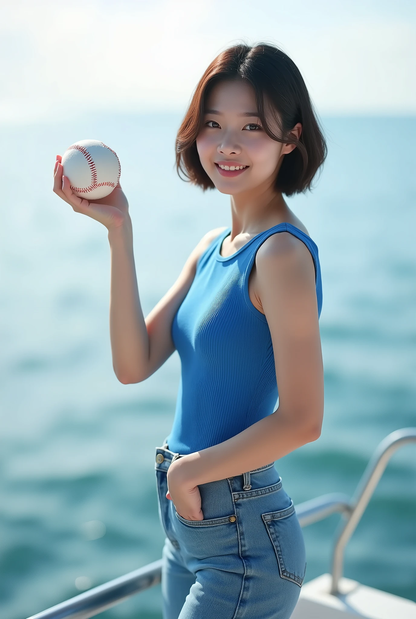 Highly realistic 8k photos, sea background, standing on a boat, One hand is raised to the side and a baseball is placed on the palm., Korean woman, Wearing a blue sleeveless top and jeans, standing face to face, Looking at the camera, short hair, A little smile,