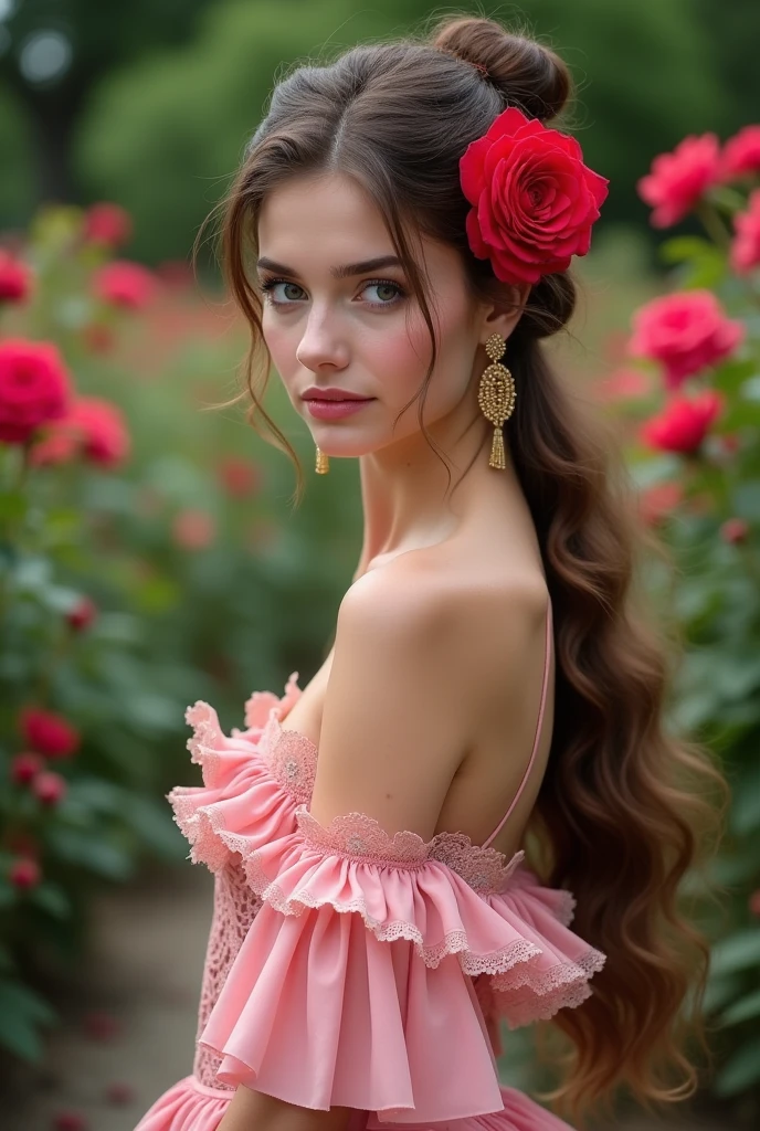 Woman  Jennifer connelly Young  20 años model long hair Brow moño con rosa roja en el cabello n blue eyes dress  Pink ballet flamenco  sevillana  volantes encaje  Pink  pendientes largos dorado in park garden roses 