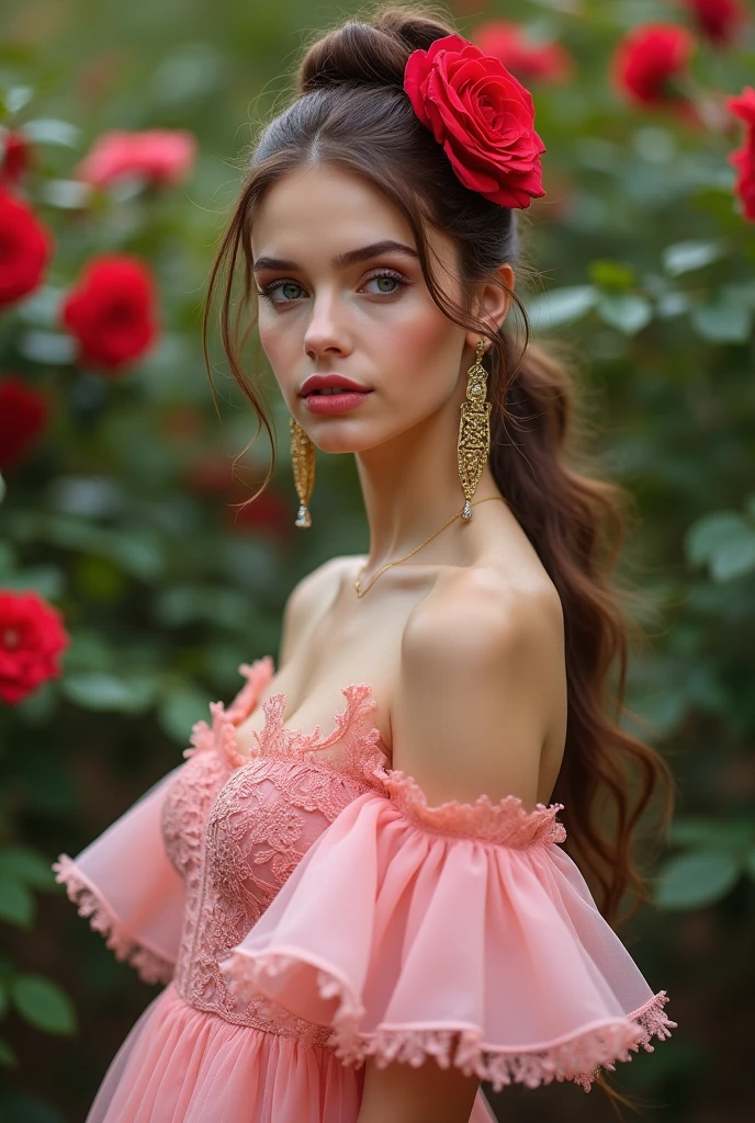 Woman  Jennifer connelly Young  20 años model long hair Brow moño con rosa roja en el cabello n blue eyes dress  Pink ballet flamenco  sevillana  volantes encaje  Pink  pendientes largos dorado in park garden roses 