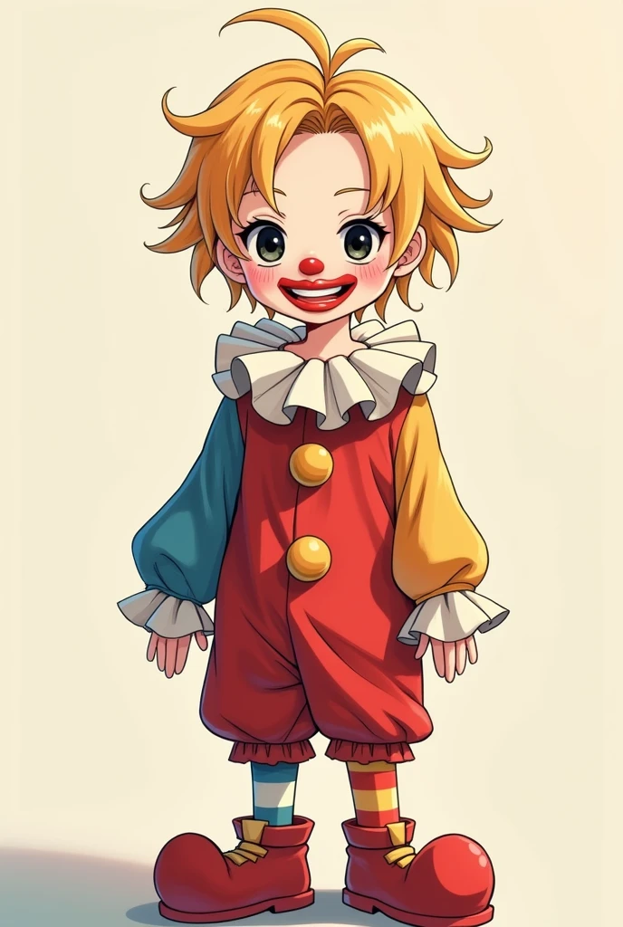 teenage boy, blond hair and black eyes, wearing a clown suit, along with clown makeup, smiling happily, anime style.