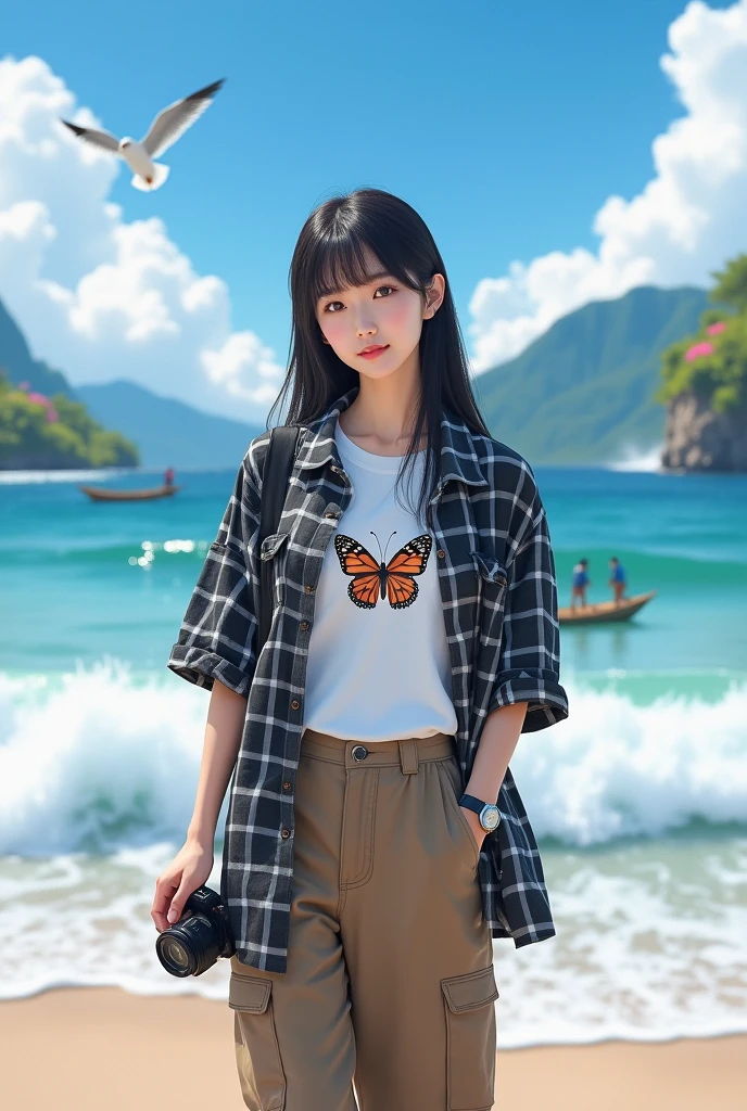 Beautiful Korean girl with smooth white skin, well-groomed face, long straight black hair with bangs, faint smile, black and white checkered shirt, white t-shirt decorated with a big butterfly) brown cargo pants, cool watch. Posing standing on the beach while carrying a camera, under a bright blue sky, big sea waves in the background, there are fishermen, seagulls flying. clear blue sky, very beautiful, mountains and waterfalls, as well as beautiful flowers, original and realistic photos