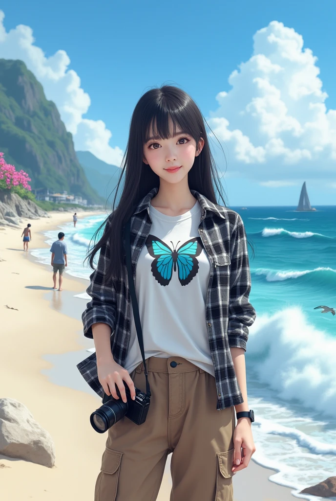 Beautiful Korean girl with smooth white skin, well-groomed face, long straight black hair with bangs, faint smile, black and white checkered shirt, white t-shirt decorated with a big butterfly) brown cargo pants, cool watch. Posing standing on the beach while carrying a camera, under a bright blue sky, big sea waves in the background, there are fishermen, seagulls flying. clear blue sky, very beautiful, mountains and waterfalls, as well as beautiful flowers, original and realistic photos