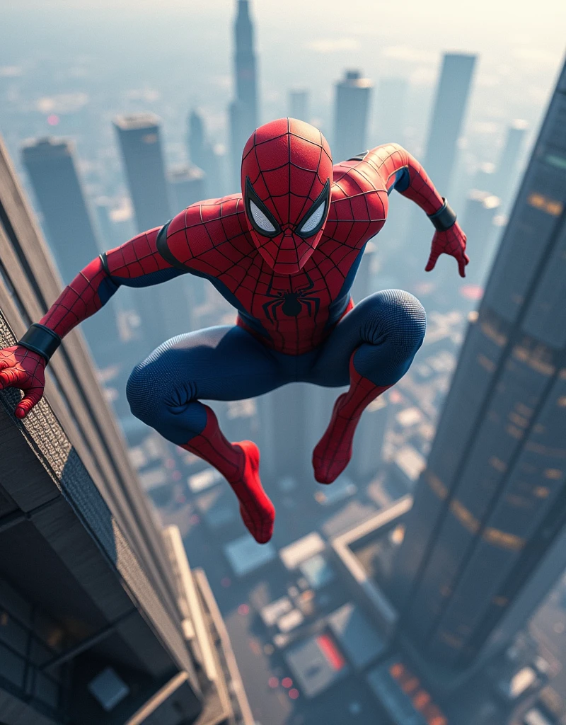 ((Best Quality)), ((masterpiece)), (detailed), spiderman jumping from edge of building
