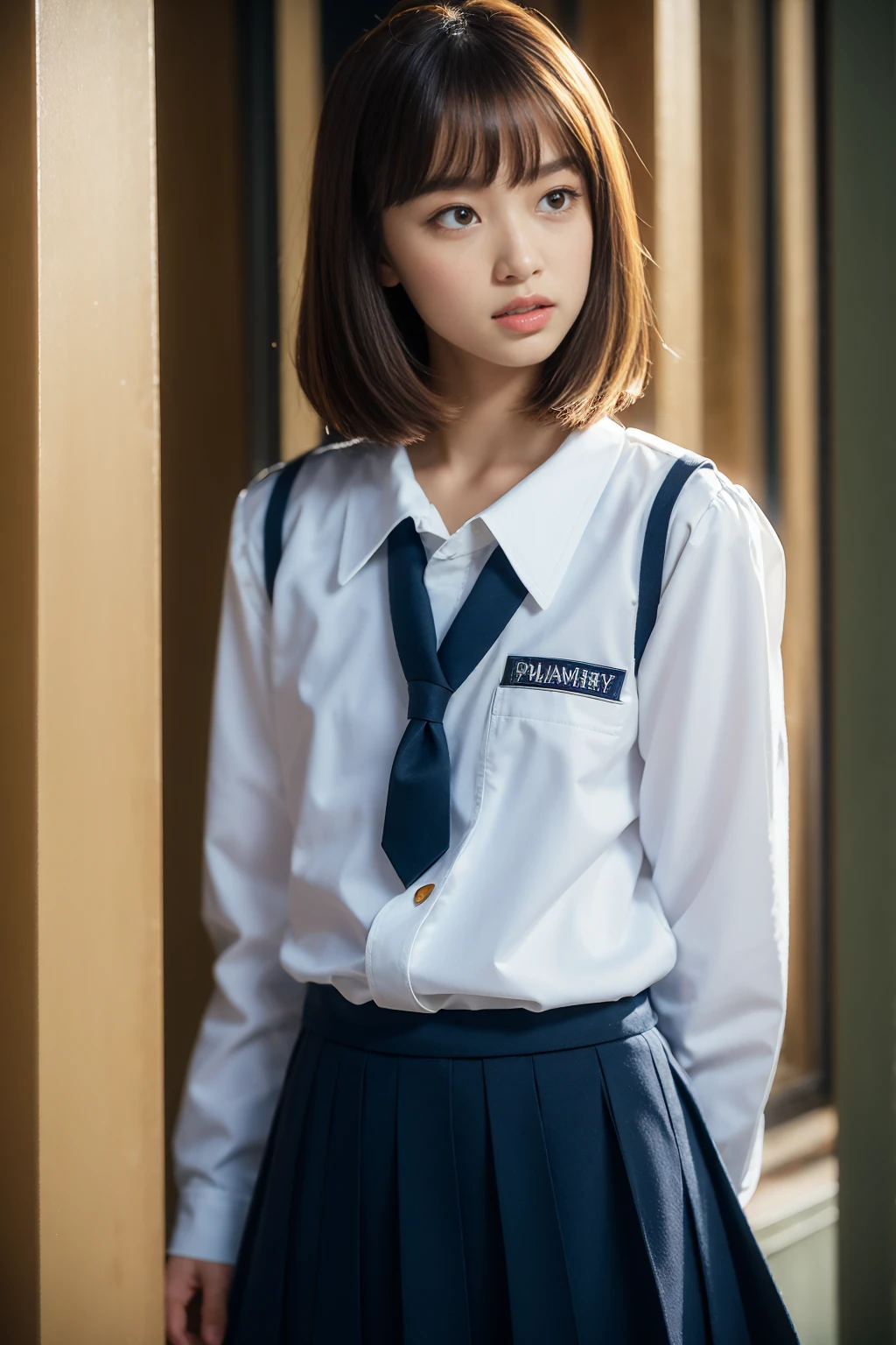 8k, Highest quality, 1people々 girl, (Skin dents), night, (dark), Clear background indoors, (people々々), Beautiful Bangs, Nice,, (Clothing and uniforms:1.3),Soft lighting, charm, dark Room, (Mouth closed:1.2, Beautiful Eyes, fine grain, Detailed Iris, Beautiful Lips, Beautiful Nose, Beautiful Face),(primary color:1.5)、Skirt Lift,