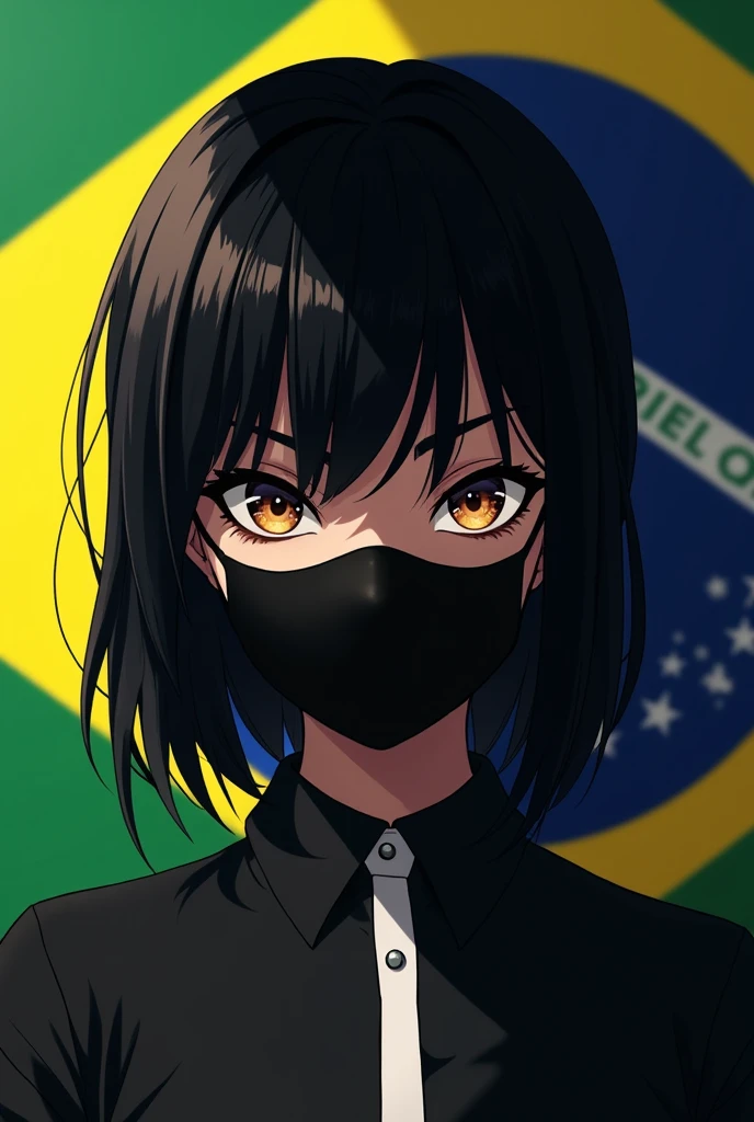 Create a dark-skinned character with a black mask on his face, black blouse with a white stripe, makes reflection in the character's hair, carioca style, and make the Brazilian flag behind the character, anime styling!