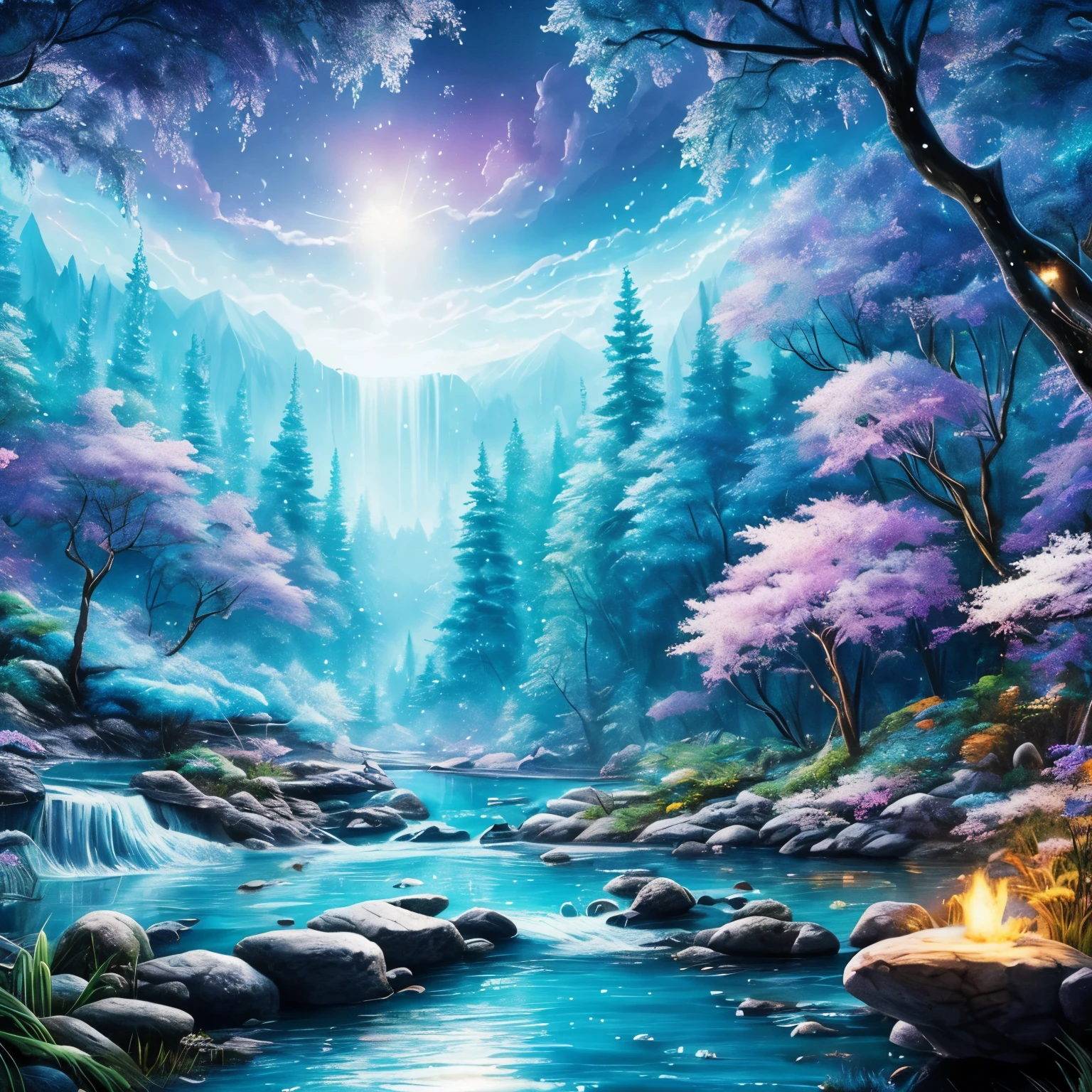 masterpiece，The best quality at its best，high quality，Very detailed，8k，A stream flows through a mysterious forest，Fantastic snow and ice jungle，Ice Witch，colorful ice magic，Glowing Spirit，森のテーマのNatural elements，A colorful jungle of snow and ice，Epic fantasy art style，繊細なleafや枝はホタルに囲まれています（Natural elements），（Jungle theme），（leaf），（Tree Branch），（Glow worms），（Particle Effects）Other 3D， Octane Rendering，Ray Tracing，Very meticulous，Depicting harmony between humans and nature