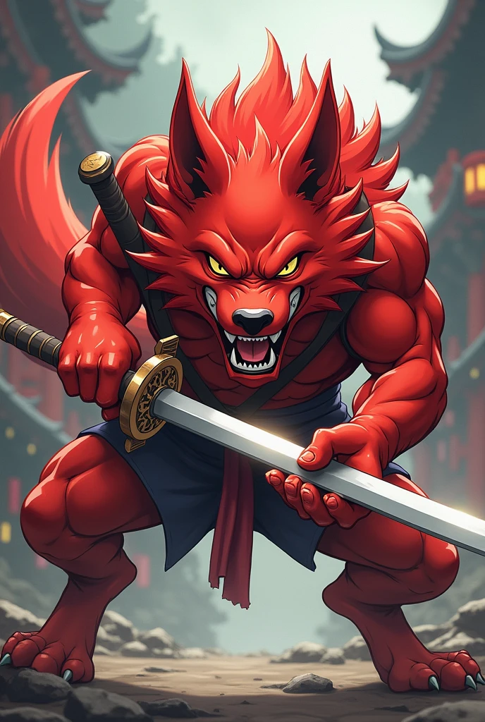 Red dog holding a sword in anime style