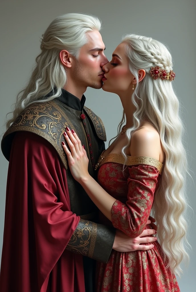 generates the image of Aemon Targaryen son of King Jahaerys I Targaryen Now with her husband Dress Targaryen He has red eyes with violet flashes and has long, wavy hair that reaches his hips. His hair color is silver with beaten gold., Fine and feminine features Androgynes has great beauty and a delicate body, more feminine than masculine..

The two of them together kissing 