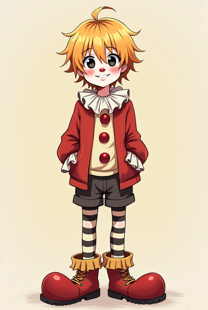 teenage boy, blond hair and black eyes, wearing a clown suit, along with clown makeup, smiling happily, anime style.