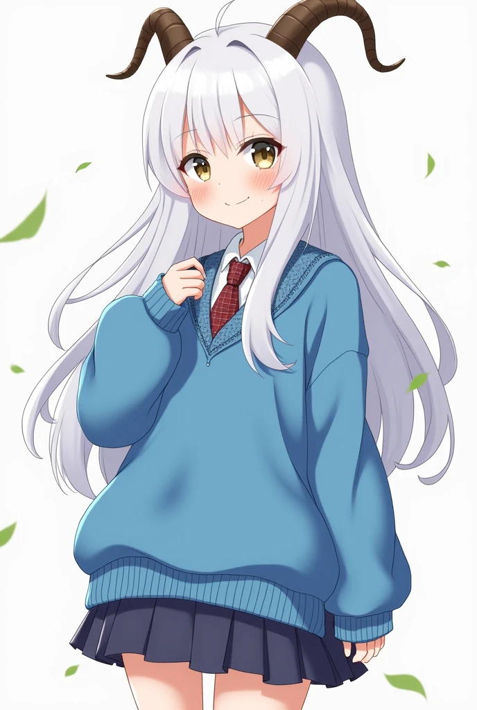 Create an anime-type girl with long white hair and bangs wearing a large blue school sweater and a skirt and goat horns where an amongos is hidden in the folds of the clothes or in the shadow of the clothes and the hidden amongos is clearly visible.