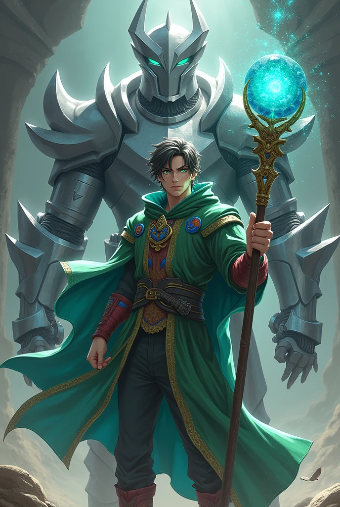 An anime-style man with green eyes wearing a green cloak with blue and red symbols carrying a staff with a very bright teal sphere and next to it there is a terrifying silver armor with a giant double obsidian man.