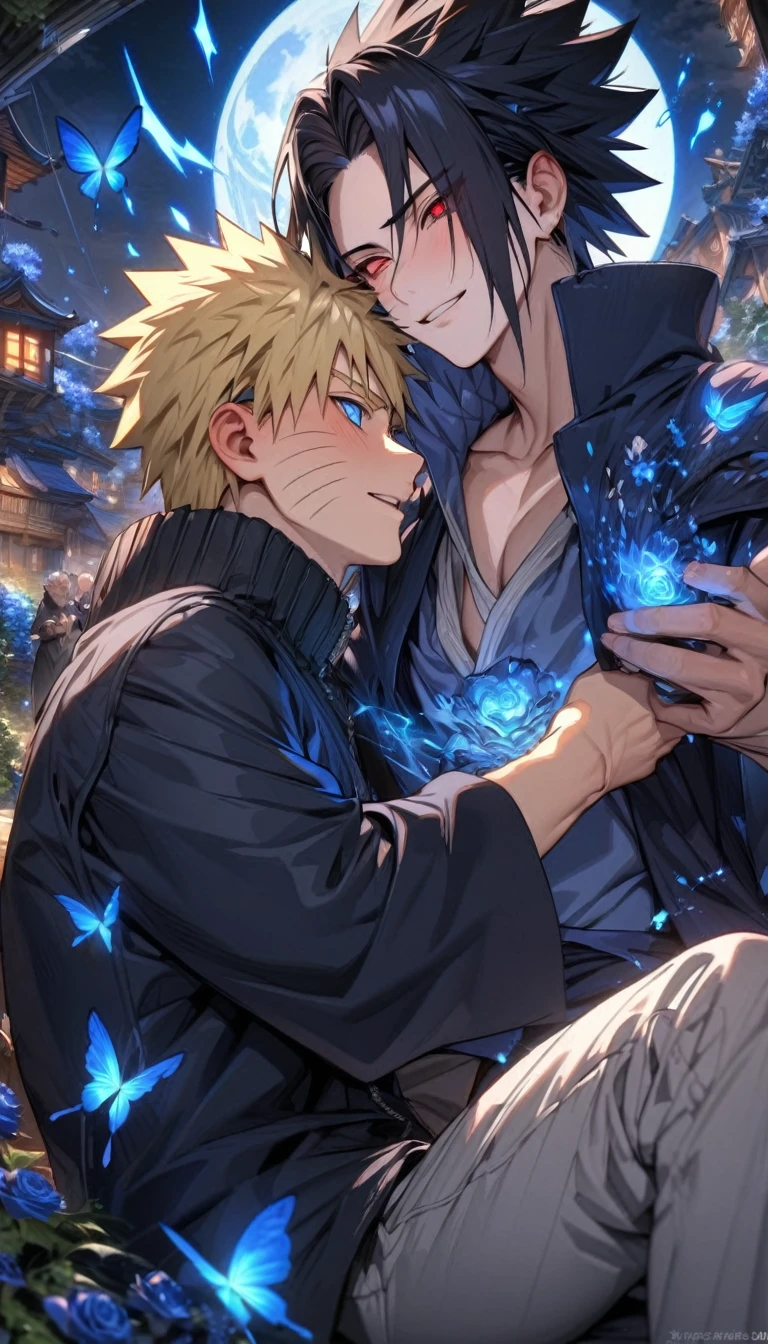 absurdres, highres, ultra detailed, HDR, master piece, best quality, extremely detailed, detailed face, Uchiha Sasuke, black hair, expressive red eyes, Naruto Shippuden, Uzumaki Naruto, blonde hair, expressive blue eyes, two sexy men together, yaoi, gay couple, in love, handsome, smile, dark blue coat with high collar, blue vest, black shirt, magic, magical, fantasy, blue lightning, blue flames, blue moon, blue fireflies, blue roses, blue butterflies, glass magic