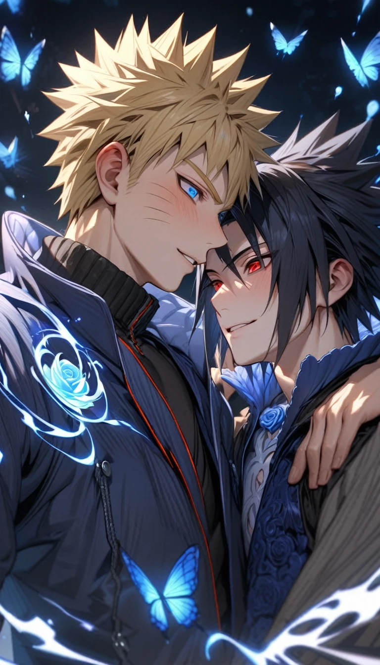 absurdres, highres, ultra detailed, HDR, master piece, best quality, extremely detailed, detailed face, Uchiha Sasuke, black hair, expressive red eyes, Naruto Shippuden, Uzumaki Naruto, blonde hair, expressive blue eyes, two sexy men together, yaoi, gay couple, in love, handsome, smile, dark blue coat with high collar, blue vest, black shirt, magic, magical, fantasy, blue lightning, blue flames, blue moon, blue fireflies, blue roses, blue butterflies, glass magic